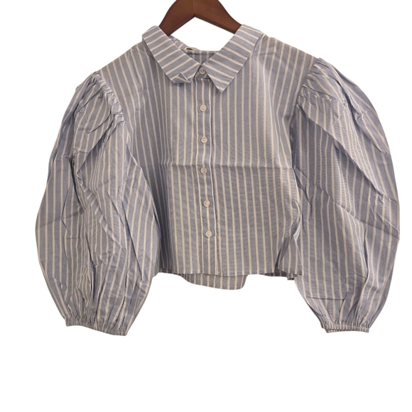 Blue&White Striped Croped Button Up Puff Sleeve 100% Cotton Blouse SZ XL - Picture 3 of 11